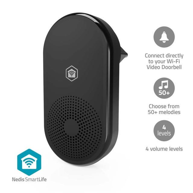 Nedis SmartLife Ringklocka | RF, frequency 433 Mhz | Tillbehör till: WIFICDP11BK / WIFICDP21BK / WIFICDP31BK | Strömadapter | 55 Ljud | 110 - 240 V AC 50/60 Hz | Justerbar volym | Svart