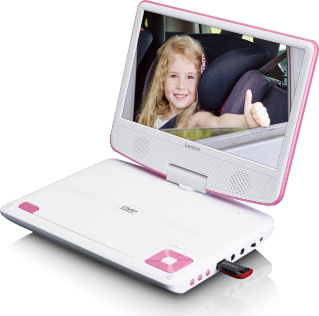 Lenco Bärbar 9" DVD-spelare med USB-hörlurar och monteringsfäste Rosa / Vit