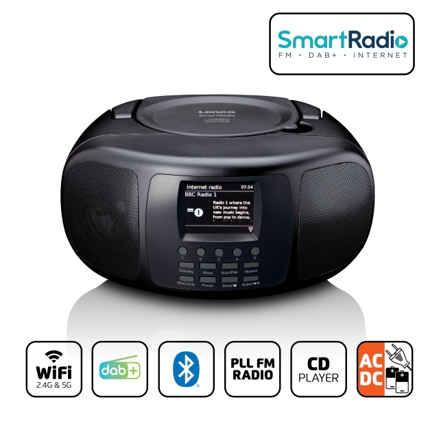 Lenco Portabel internetradio med DAB+/FM, Bluetooth®, CD-spelare och stor LCD-färgdisplay Svart
