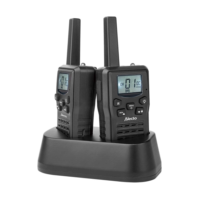 Alecto Walkie-Talkie Set | 2 handenheter | Upp till 10 km | Frekvenskanaler: 8 | PTT / VOX | 24 h standby | Laddningsbas ingår | Hörlursutgång | Svart