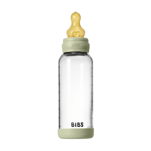 BIBS Glasflaska för spädbarn, rund, latex, medelflöde – Sage – 240 ml