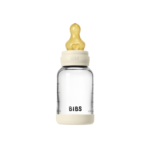 BIBS Glasflaska för spädbarn, rund, latex, långsamt flöde – elfenben – 120 ml