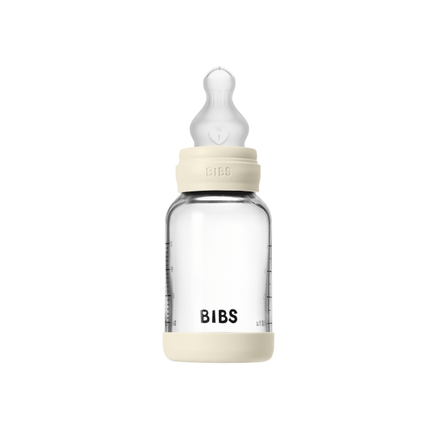 BIBS Glasflaska för spädbarn, rund, med silikon, 1-pack, 120 ml, långsamt flöde – Elfenben – 120 ml