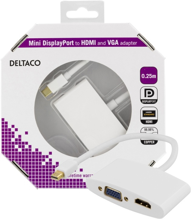 DELTACO mini DisplayPort till HDMI och VGA-adapter, 0,25m, vit (DP-HDMIVGA1-K) i gruppen HEMELEKTRONIK / Kablar & Adaptrar / HDMI / Adaptrar hos TP E-commerce Nordic AB (38-16843)