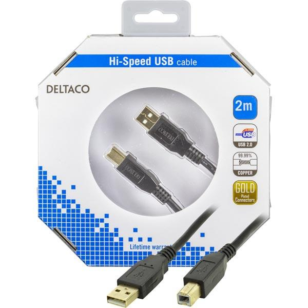 DELTACO, USB 2.0 kabel Typ A hane - Typ B hane 2m, svart (USB-218S-K) i gruppen DATORER & KRINGUTRUSTNING / Datorkablar / USB-kablar / Mini-USB / Kablar hos TP E-commerce Nordic AB (38-18147)