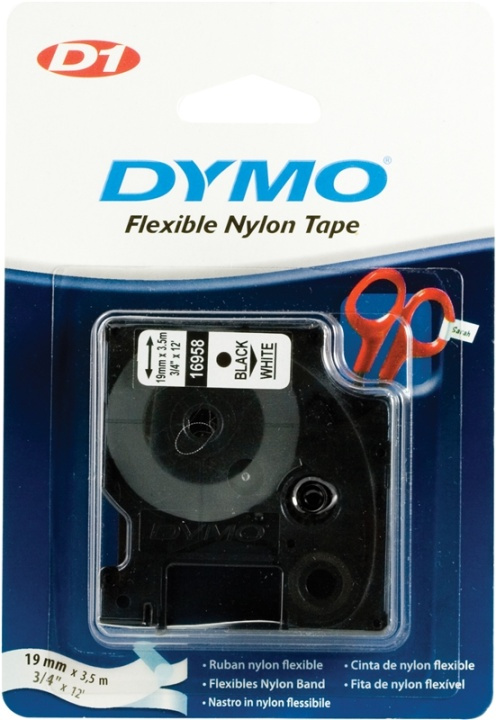 DYMO D1 märktejp flex nylon 19mm, svart på vitt, 3.5m rulle (S0718050) i gruppen DATORER & KRINGUTRUSTNING / Skrivare & Tillbehör / Skrivare / Märkmaskiner & Tillbehör / Tejp hos TP E-commerce Nordic AB (38-18536)