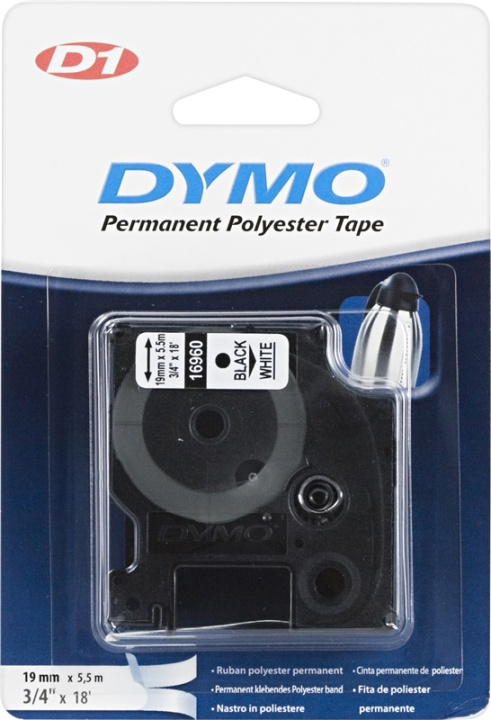 DYMO D1 märktejp perm polyester 19mm, svart på vitt, 5.5m rulle (S0718070) i gruppen DATORER & KRINGUTRUSTNING / Skrivare & Tillbehör / Skrivare / Märkmaskiner & Tillbehör / Tejp hos TP E-commerce Nordic AB (38-18538)