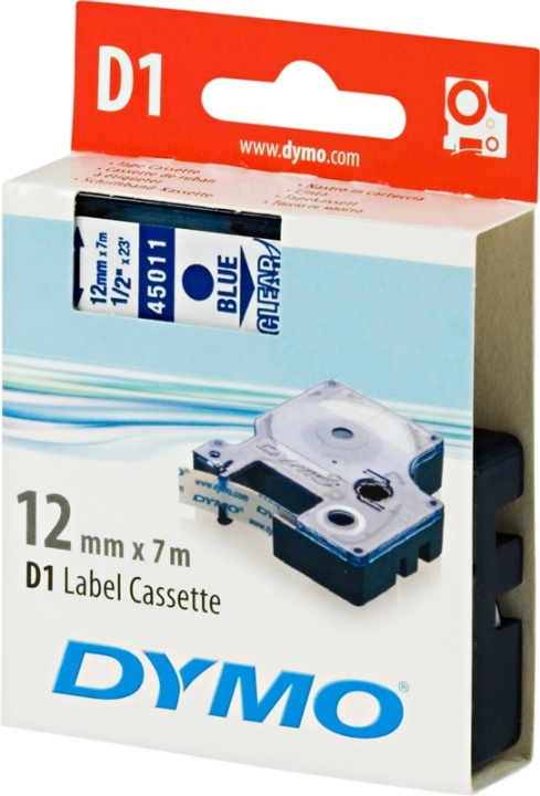 DYMO D1 märktejp standard 12mm, blått på transparent, 7m rulle (45011) i gruppen DATORER & KRINGUTRUSTNING / Skrivare & Tillbehör / Skrivare / Märkmaskiner & Tillbehör / Tejp hos TP E-commerce Nordic AB (38-18539)