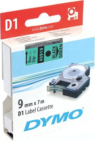 DYMO D1 märktejp standard 9mm, svart på grönt, 7m rulle (40919) i gruppen DATORER & KRINGUTRUSTNING / Skrivare & Tillbehör / Skrivare / Märkmaskiner & Tillbehör / Tejp hos TP E-commerce Nordic AB (38-18576)