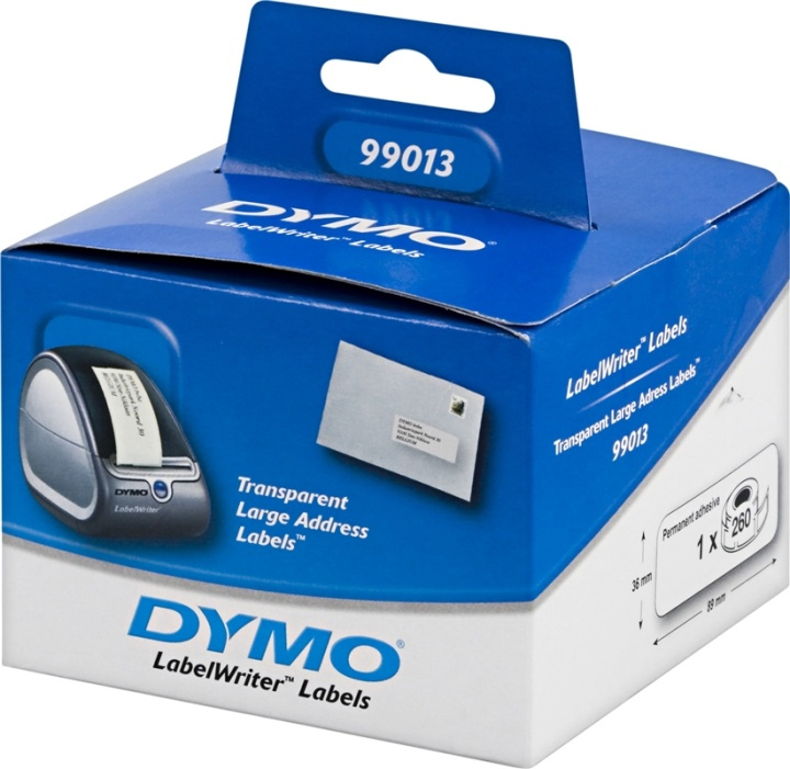 DYMO LabelWriter stora transparenta adressetiketter, 89x36mm, 260st (S0722410) i gruppen DATORER & KRINGUTRUSTNING / Skrivare & Tillbehör / Skrivare / Märkmaskiner & Tillbehör / Etiketter hos TP E-commerce Nordic AB (38-18594)