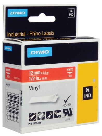 DYMO Rhino Professional, 12mm, märkbar vinyltejp, vit text röd tejp (1805416) i gruppen DATORER & KRINGUTRUSTNING / Skrivare & Tillbehör / Skrivare / Märkmaskiner & Tillbehör / Tejp hos TP E-commerce Nordic AB (38-18618)