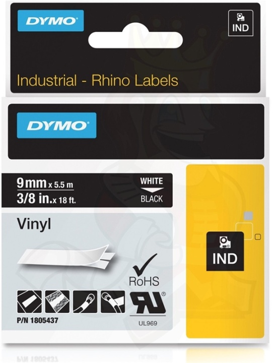 DYMO RhinoPRO 9mm vinyltejp, vit på svart, 5.5m rulle (1805437) i gruppen DATORER & KRINGUTRUSTNING / Skrivare & Tillbehör / Skrivare / Märkmaskiner & Tillbehör / Tejp hos Teknikproffset Nordic AB (38-18643)