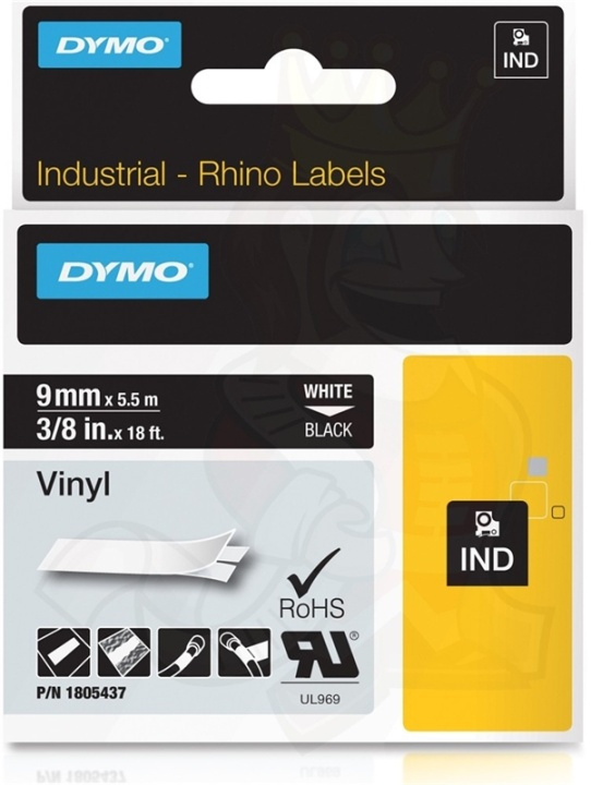 DYMO RhinoPRO 9mm vinyltejp, vit på svart, 5.5m rulle (1805437) i gruppen DATORER & KRINGUTRUSTNING / Skrivare & Tillbehör / Skrivare / Märkmaskiner & Tillbehör / Tejp hos TP E-commerce Nordic AB (38-18643)