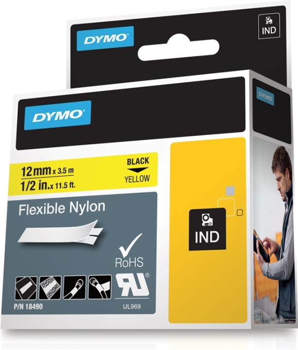 DYMO RhinoPRO märktejp flex nylon 12mm, svart på gult (18490) i gruppen DATORER & KRINGUTRUSTNING / Skrivare & Tillbehör / Skrivare / Märkmaskiner & Tillbehör / Tejp hos TP E-commerce Nordic AB (38-18652)
