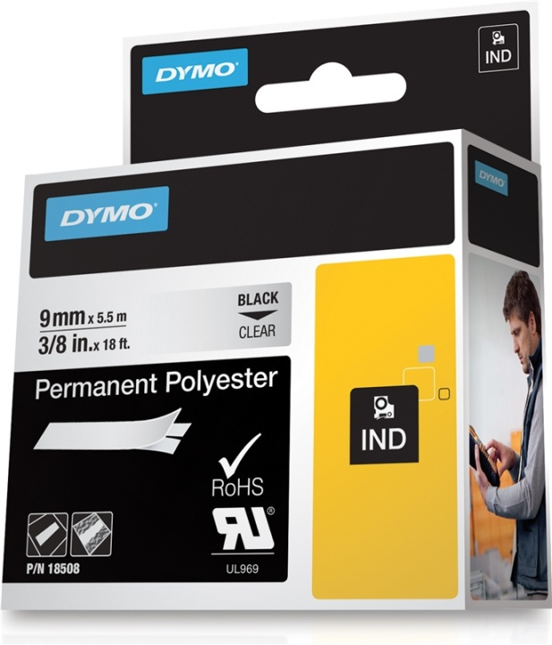 DYMO RhinoPRO märktejp perm polyester 9mm, svart på transp, 5,5m (18508DMO) i gruppen DATORER & KRINGUTRUSTNING / Skrivare & Tillbehör / Skrivare / Märkmaskiner & Tillbehör / Tejp hos TP E-commerce Nordic AB (38-18665)