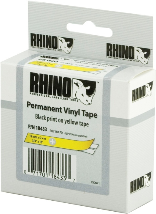 DYMO RhinoPRO märktejp perm vinyl 19mm, svart på gult, 5.5m rulle (18433) i gruppen DATORER & KRINGUTRUSTNING / Skrivare & Tillbehör / Skrivare / Märkmaskiner & Tillbehör / Tejp hos Teknikproffset Nordic AB (38-18669)