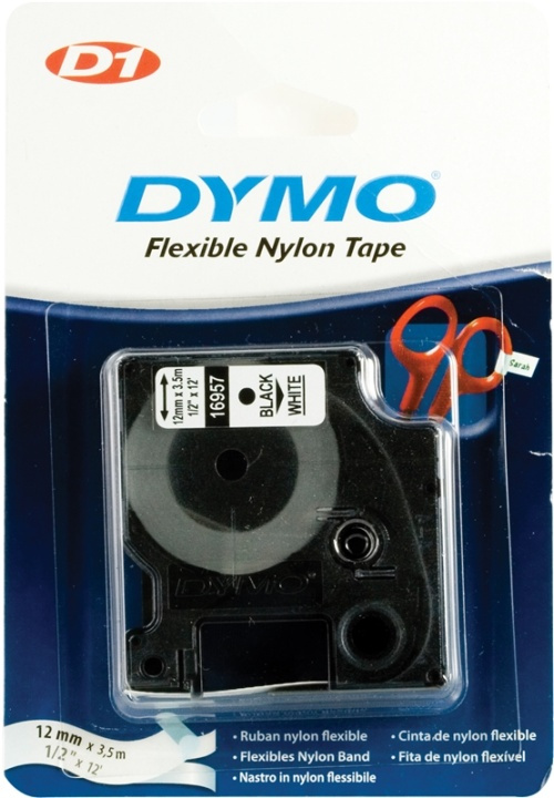 DYMO D1 märktejp flex nylon 12mm, svart på vitt, 3.5m rulle (S0718040) i gruppen DATORER & KRINGUTRUSTNING / Skrivare & Tillbehör / Skrivare / Märkmaskiner & Tillbehör / Tejp hos TP E-commerce Nordic AB (38-22248)