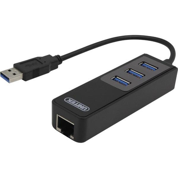 nätverksadapter, 1xGigabitRJ45, 1xUSB3 A ha, 3x USB3 ho, svart (Y-3045) i gruppen DATORER & KRINGUTRUSTNING / Nätverk / Nätverkskort / USB Trådlösa hos TP E-commerce Nordic AB (38-22429)