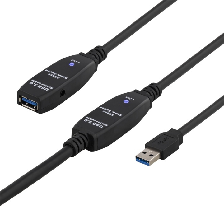 DELTACO aktiv USB 3.0-förlängningskabel, Typ A ha - ho, adp., 15m, blå i gruppen DATORER & KRINGUTRUSTNING / Datorkablar / USB-kablar / USB-A / Kablar hos TP E-commerce Nordic AB (38-23089)