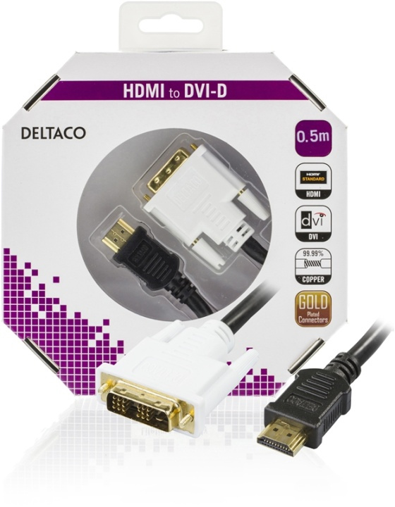 DELTACO HDMI till DVI kabel, 19-pin-DVI- D Single Link, 0,5m, svart (HDMI-109-K) i gruppen DATORER & KRINGUTRUSTNING / Datorkablar / DVI / Kablar hos TP E-commerce Nordic AB (38-23542)