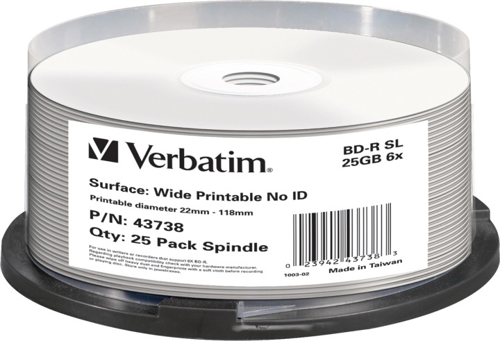 Verbatim BD-R, 6x, 25GB/200min, 25pack spindel, print, Hard Coat, MABL (43738) i gruppen HEMELEKTRONIK / Lagringsmedia / CD/DVD/BD-skivor / Blu-Ray hos TP E-commerce Nordic AB (38-23605)