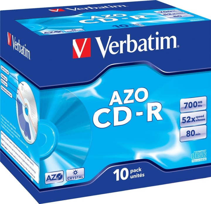 Verbatim CD-R, 52x, 700 MB/80 min, 10-pack jewel case, AZO, Crystal (43327) i gruppen HEMELEKTRONIK / Lagringsmedia / CD/DVD/BD-skivor / CD-R hos TP E-commerce Nordic AB (38-23622)
