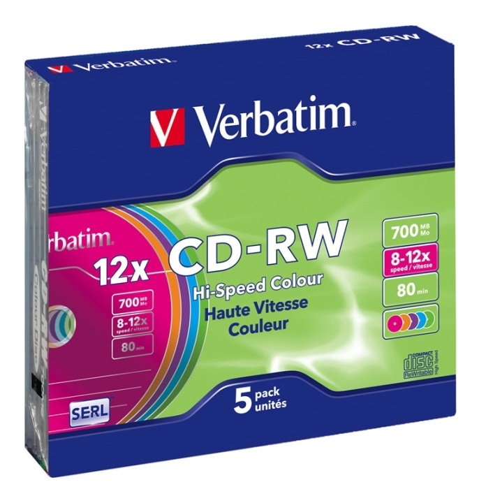 Verbatim CD-RW, 12x, 700 MB/80 min, 5-pack slim case, SERL, färgade (43167) i gruppen HEMELEKTRONIK / Lagringsmedia / CD/DVD/BD-skivor / CD-RW hos TP E-commerce Nordic AB (38-23642)