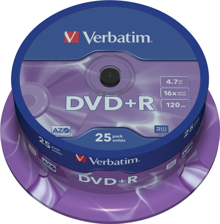 Verbatim DVD+R, 16x, 4,7 GB/120 min, 25-pack spindel, AZO (43500) i gruppen HEMELEKTRONIK / Lagringsmedia / CD/DVD/BD-skivor / DVD+R hos TP E-commerce Nordic AB (38-23657)