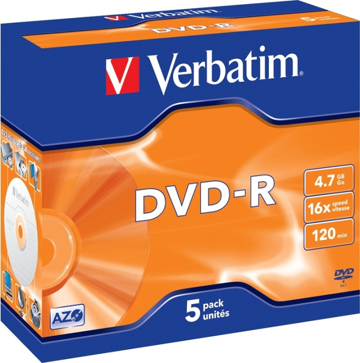 Verbatim DVD-R, 16x, 4,7 GB/120 min, 5-pack jewel case, AZO (43519) i gruppen HEMELEKTRONIK / Lagringsmedia / CD/DVD/BD-skivor / DVD-R hos TP E-commerce Nordic AB (38-23685)