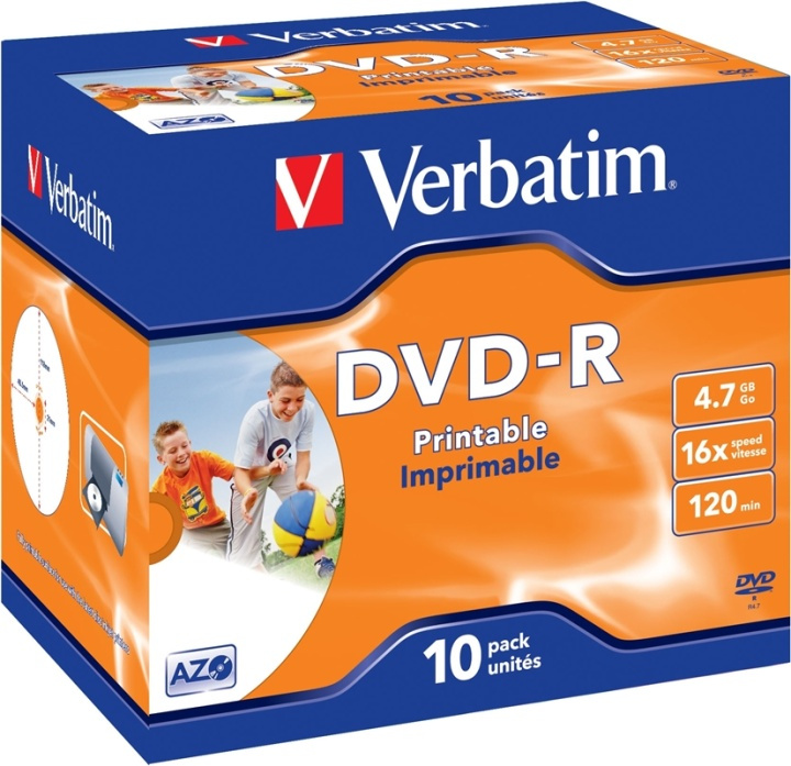 Verbatim DVD-R, 16x, 4,7 GB/120 min, 10-pack jewel case printable matt (43521) i gruppen HEMELEKTRONIK / Lagringsmedia / CD/DVD/BD-skivor / DVD-R hos TP E-commerce Nordic AB (38-23686)
