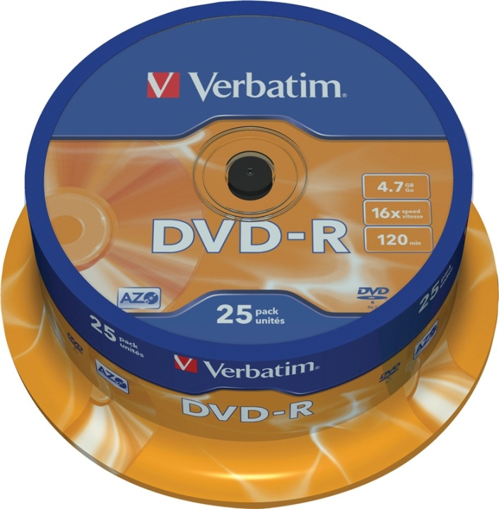Verbatim DVD-R, 16x, 4,7 GB/120 min, 25-pack spindel, AZO (43522) i gruppen HEMELEKTRONIK / Lagringsmedia / CD/DVD/BD-skivor / DVD-R hos TP E-commerce Nordic AB (38-23687)