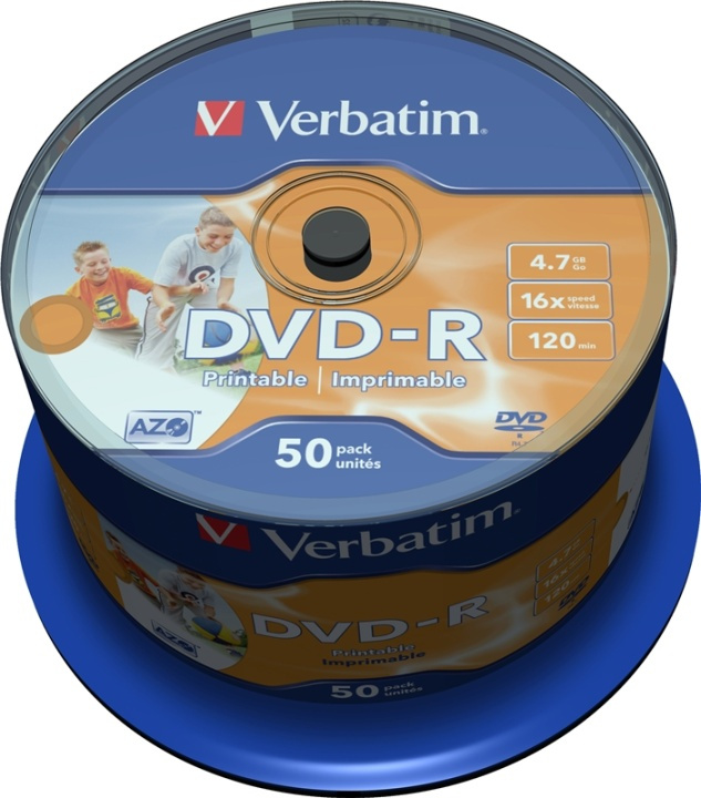 Verbatim DVD-R, 16x, 4,7 GB/120 min, 50-pack spindel, AZO, printable (43533-02) i gruppen HEMELEKTRONIK / Lagringsmedia / CD/DVD/BD-skivor / DVD-R hos TP E-commerce Nordic AB (38-23689)