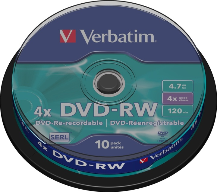 Verbatim DVD-RW, 4x, 4,7 GB/120 min, 10-pack spindel, SERL (43552) i gruppen HEMELEKTRONIK / Lagringsmedia / CD/DVD/BD-skivor / DVD-RW hos TP E-commerce Nordic AB (38-23704)