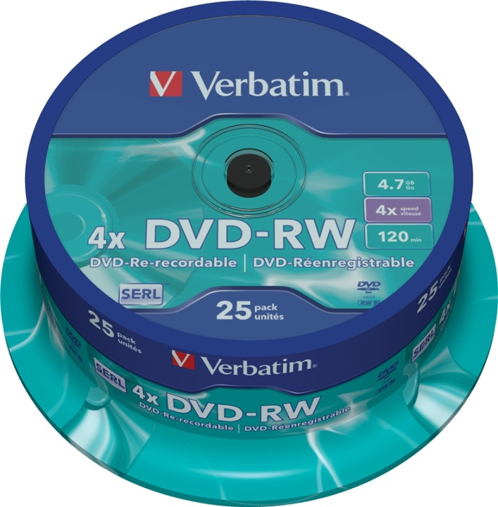 Verbatim DVD-RW, 4x, 4,7 GB/120 min, 25-pack spindel, SERL (43639) i gruppen HEMELEKTRONIK / Lagringsmedia / CD/DVD/BD-skivor / DVD-RW hos TP E-commerce Nordic AB (38-23706)