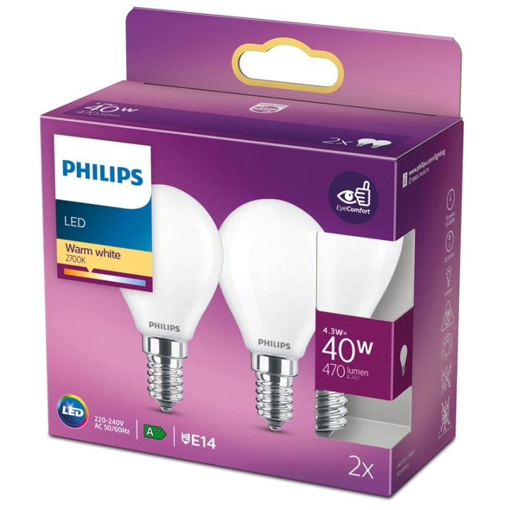 Philips 2-pack LED E14 Klot 4,3W (40W) Frost 470lm i gruppen HEMELEKTRONIK / Belysning / LED-lampor hos TP E-commerce Nordic AB (38-28881)