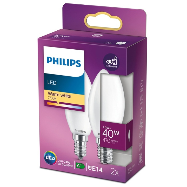 Philips 2-pack LED E14 Kron 40W Frost 470lm i gruppen HEMELEKTRONIK / Belysning / LED-lampor hos TP E-commerce Nordic AB (38-28883)