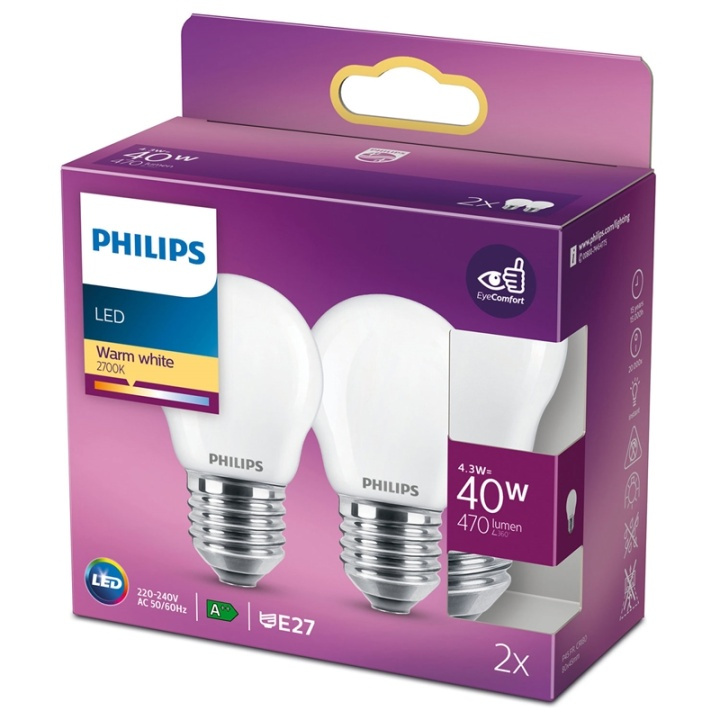 Philips 2-pack LED E27 P45 Klot 40W Frost 470lm i gruppen HEMELEKTRONIK / Belysning / LED-lampor hos TP E-commerce Nordic AB (38-28887)