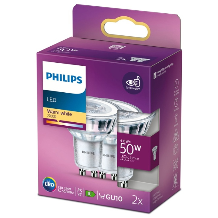 Philips 2-pack LED GU10 Spot 50W 355lm i gruppen HEMELEKTRONIK / Belysning / LED-lampor hos TP E-commerce Nordic AB (38-28892)