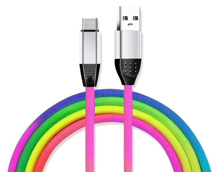 USB Typ C Textilkabel 1 m, Regnbågens färger i gruppen SMARTPHONE & SURFPLATTOR / Laddare & Kablar / Kablar / Kablar Typ C hos TP E-commerce Nordic AB (38-29686)