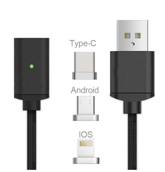 Magnetisk USB-kabel 3 i 1 - USB-C, Micro, Lightning (Svart) i gruppen SMARTPHONE & SURFPLATTOR / Laddare & Kablar / Kablar / Kablar microUSB hos TP E-commerce Nordic AB (38-29770)