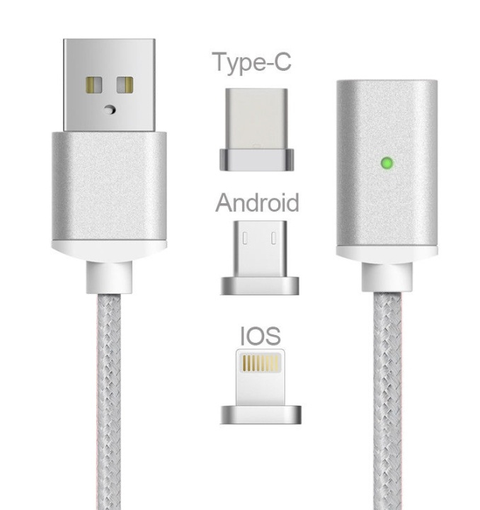 Magnetisk USB-kabel 3 i 1 - USB-C, Micro, Lightning (Silver) i gruppen SMARTPHONE & SURFPLATTOR / Laddare & Kablar / Kablar / Kablar microUSB hos TP E-commerce Nordic AB (38-29771)