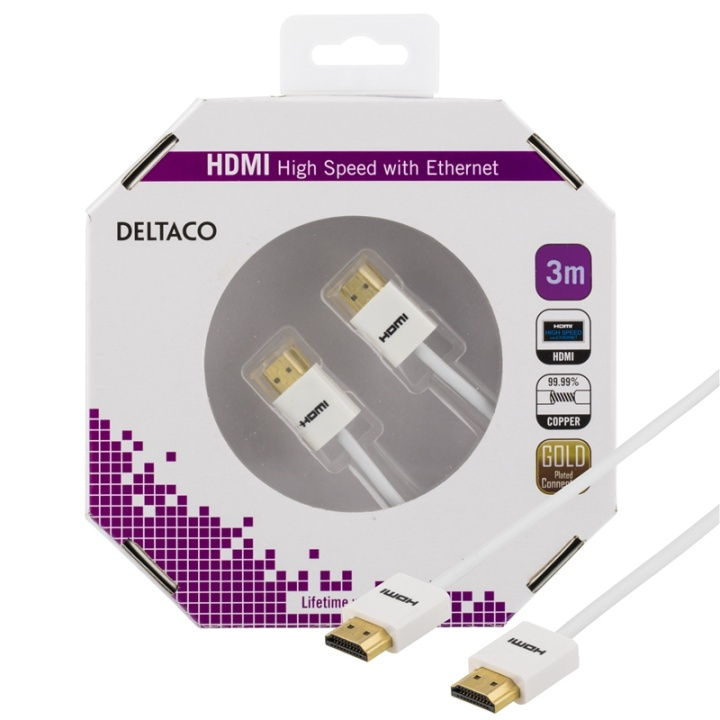 Deltaco tunn HDMI-kabel, 3m, vit blister (HDMI-1093A-K) i gruppen HEMELEKTRONIK / Kablar & Adaptrar / HDMI / Kablar hos TP E-commerce Nordic AB (38-36767)