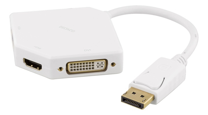 DELTACO DisplayPort till DVI-D/HDMI/VGA adapter, 0,2m, vit i gruppen DATORER & KRINGUTRUSTNING / Datorkablar / DisplayPort / Adaptrar hos TP E-commerce Nordic AB (38-53327)
