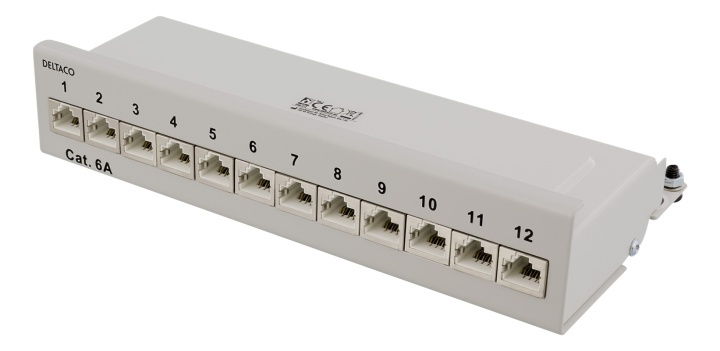 DELTACO Patchpanel, 12xRJ45, Cat6a, väggmonterbar, 10Gbps, grå i gruppen DATORER & KRINGUTRUSTNING / Nätverk / Routrar hos TP E-commerce Nordic AB (38-53483)