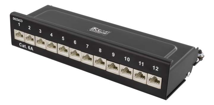 DELTACO Patchpanel, 12xRJ45, Cat6a, väggmonterbar, 10Gbps, svart i gruppen DATORER & KRINGUTRUSTNING / Nätverk / Routrar hos TP E-commerce Nordic AB (38-53484)