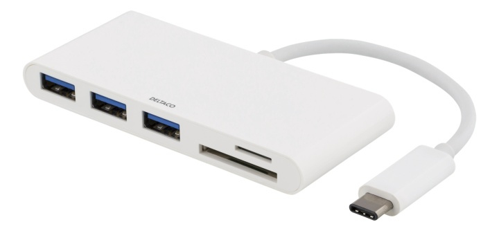 DELTACO USB 3.1 Gen 1 hubb, USB-C, 3USB A, SD/microSD-läsare, vit i gruppen DATORER & KRINGUTRUSTNING / Datortillbehör / USB-hubbar hos TP E-commerce Nordic AB (38-53780)