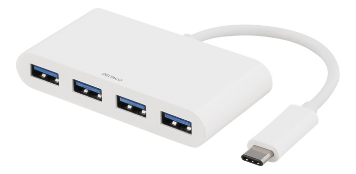 DELTACO USB 3.1 Gen 1-hubb, USB-C hane till 4xUSB Typ A hona, vit i gruppen DATORER & KRINGUTRUSTNING / Datortillbehör / USB-hubbar hos TP E-commerce Nordic AB (38-53781)