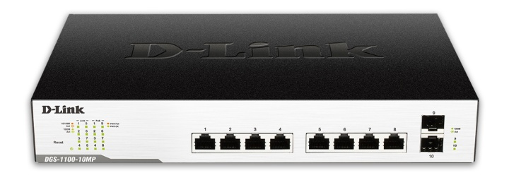 D-Link nätverksswitch, 8xRJ45, 2xSFP, PoE plus, Gigabit, svart/silver i gruppen DATORER & KRINGUTRUSTNING / Nätverk / Switchar hos TP E-commerce Nordic AB (38-61978)