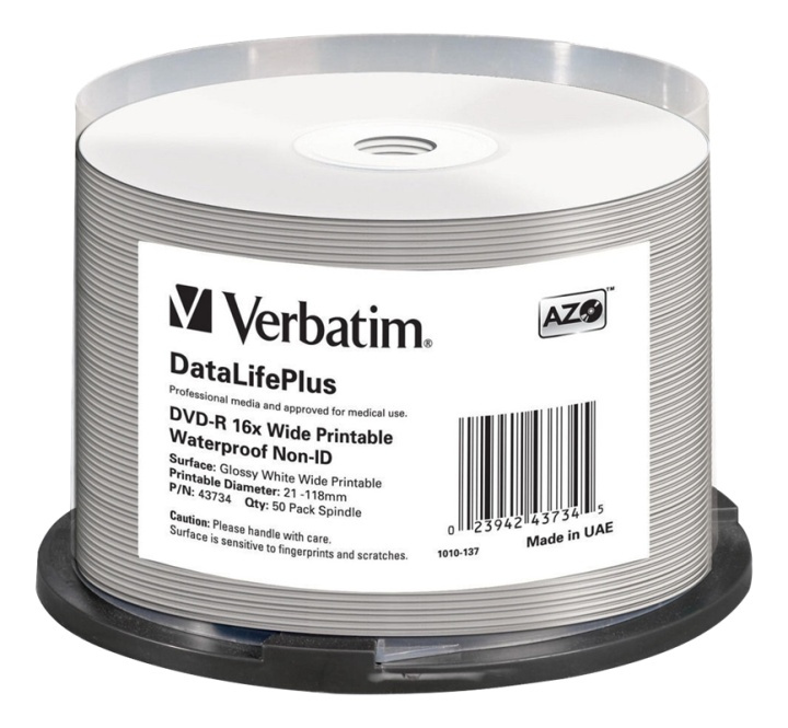 Verbatim DVD-R AZO 4.7GB 16X DL+ WIDE GLOSSY WATERPROOF PRINTABLE i gruppen HEMELEKTRONIK / Lagringsmedia / CD/DVD/BD-skivor / CD/DVD förvaring hos TP E-commerce Nordic AB (38-62607)