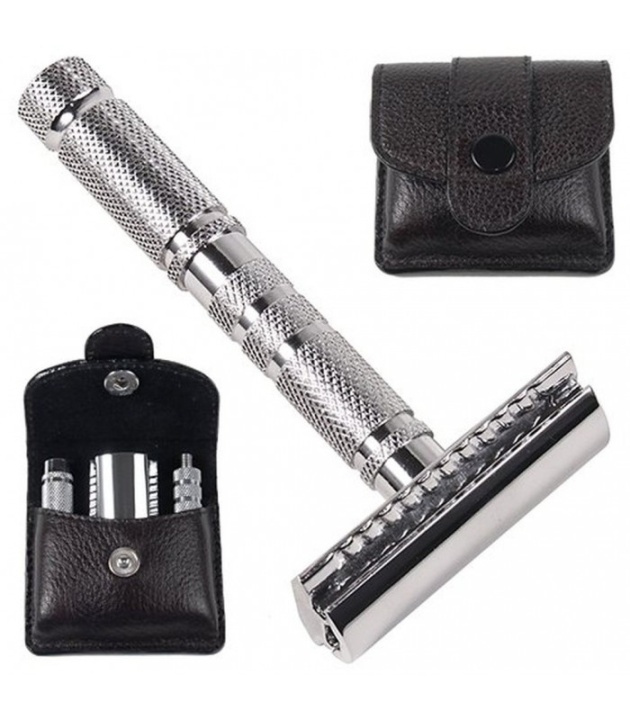 Parker A1-R 4 Piece Travel Safety Razor & Leather Pouch i gruppen SKÖNHET & HÄLSA / Hår & Styling / Rakning & Trimning / Rakhyvlar & Tillbehör hos TP E-commerce Nordic AB (38-70082)